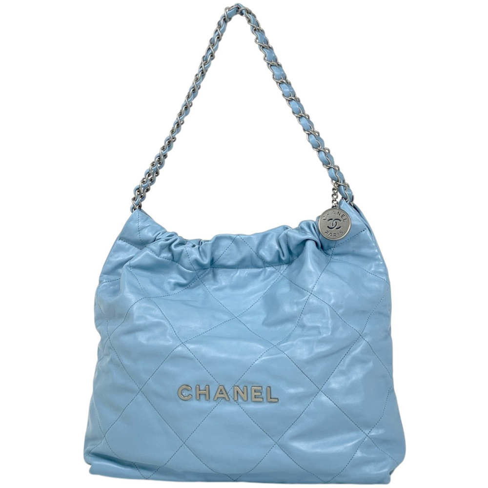 Chanel logo chain shoulder bag, Coco Mark Matelassé leather, light blue, wome...